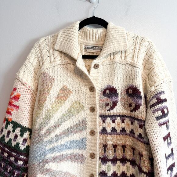 UO Kimchi Blue “Happiness” Chunky Knit Cardigan Sweater Y2K Cream Multi Size S - Picture 6 of 15